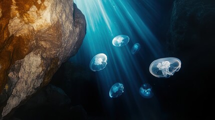 Fototapeta premium Jellyfish Gliding Through Underwater Cave Atmosphere