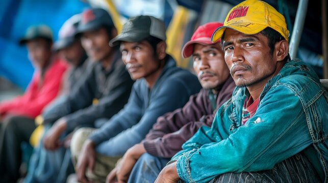 A group of migrant workers waiting for a day's work, reflecting the uncertainty and instability of migrant labor