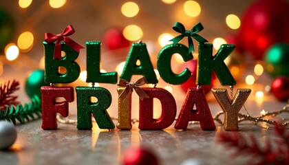 Christmas-themed "Black Friday" letters adorned with ribbons on a festive background