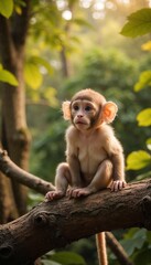 Young macaque monkey sitting thoughtfully on a branch in lush green forest