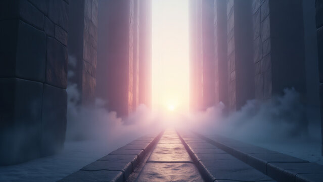 Enigmatic Entrance Leading to the Unknown Surrounded by Intriguing Shapes and Soft Colors