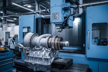 A Photo of a Five Axis CNC Machining Center Cutting Metal in an Industrial Workshop