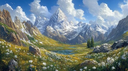 Obraz premium Landscape painting of a mountain range featuring natural scenery and picturesque views