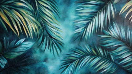 Oil painting of palm leaves set in a tropical nature scene