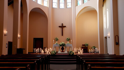 A serene, candle-lit church interior with a elegant white altar, adorned with flowers, awaiting a sacred Christian