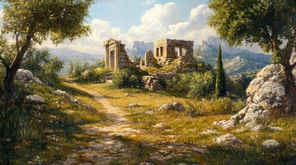 Oil painting depicting a path leading to ancient ruins surrounded by natural scenery