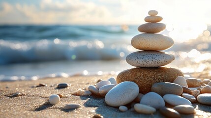 Fototapeta premium Zen balance of stones on beach at sunrise with sea waves