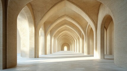 Fototapeta premium Wide view of the historical Art Caravanserai in a 3D rendering showcasing shadows and sunlight on the arches