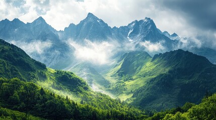 Majestic mountain landscape with dramatic peaks and lush greenery