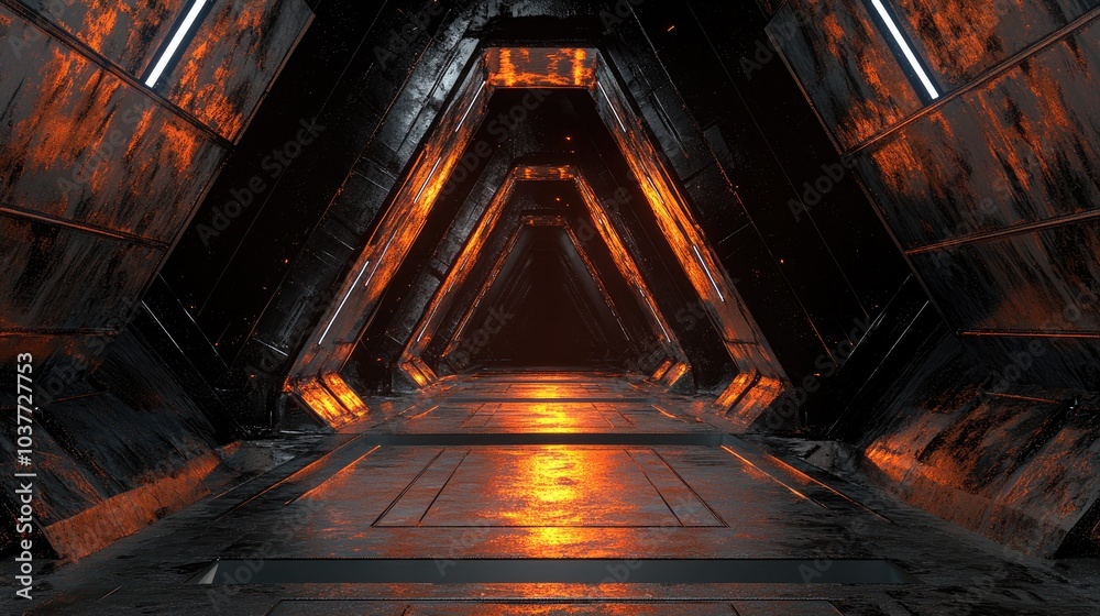 Poster 3d rendering of a dark abstract sci fi tunnel featuring a futuristic triangular spaceship corridor