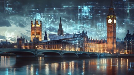 Fototapeta premium Abstract technology background in London for global business concept. 
