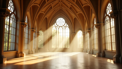 Obraz premium Majestic Interiors: A Room with Cathedral Ceilings and Windows Filtering Sunlight into Warmth
