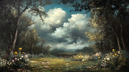 Oil painting depicting a natural landscape featuring trees a cloudy sky and flowers highlighting the beauty of natural elements in the composition