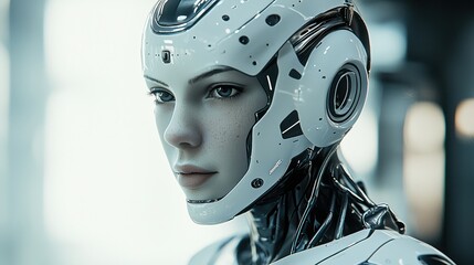 Futuristic Android rendered in cinematic lighting, showcasing photorealistic porcelain skin and high-tech aesthetics.