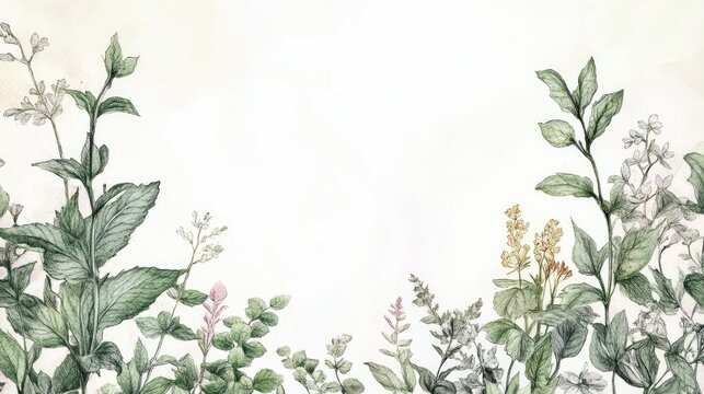 Floral frame featuring watercolor and line art of various plants and herbs including mint branches