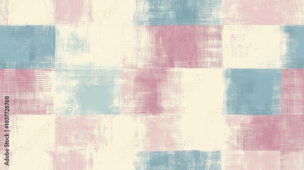 Poster pastel colored uneven checks and stripes with woven textures in a seamless pattern design distressed