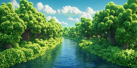 Dark river surrounded by lush swamp vegetation, Serene river bordered by vibrant swamp plants