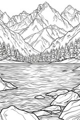 Fototapeta premium Coloring book illustration of a serene lake surrounded by snow capped mountains in winter