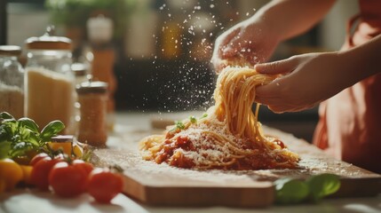 Pasta with tomato sauce and grated cheese