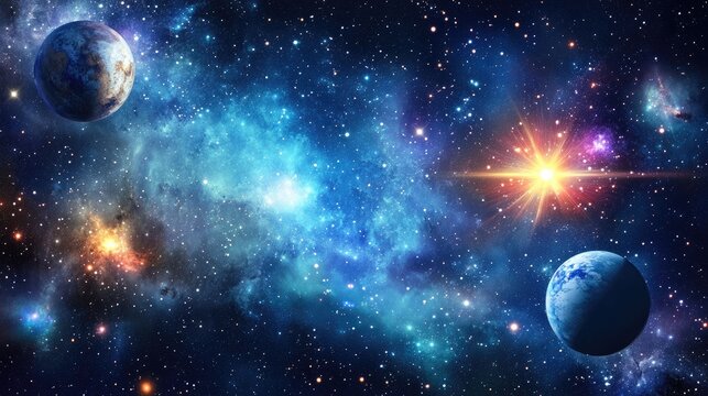 2D illustration with a 3D cartoon rendering A realistic background of a star pattern depicting deep interstellar space Features bright flashing stars planets and moons Various creative science fic