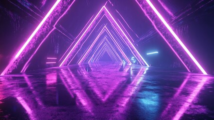 Fototapeta premium Neon abstract background featuring glowing geometric shapes in a digital tunnel loop with ultraviolet hues resembling a laser show and reflecting on the ground 3D render