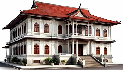 Obraz premium Design of historical buildings of the Javanese kingdom isolated on white background. Illustration of modern Javanese royal buildings. Generate AI
