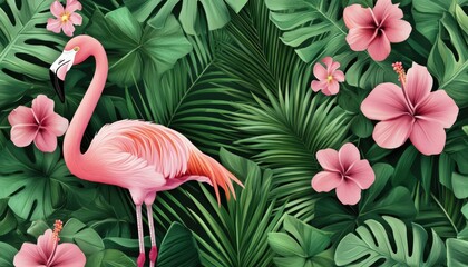 Pink flamingo, palm leaves, and hibiscus floral seamless pattern, exotic jungle wallpaper