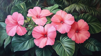 Fototapeta premium Oil painting depicting a cluster of vibrant pink flowers with lush green leaves in a natural environment