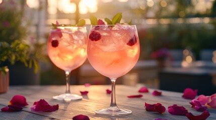 Pink Cocktails with Raspberry and Mint