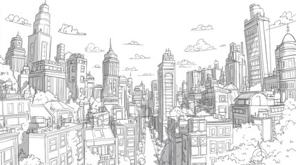 Line art illustration of a city depicted with bold outlines on a clean white background