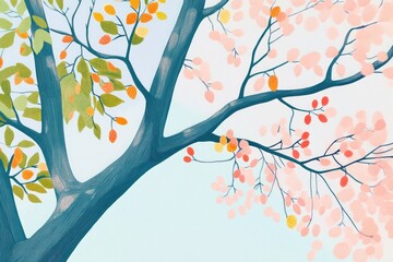 Outline of a leafless crown of a vinegar tree adorned with small cones against a backdrop of a sunny autumn sky