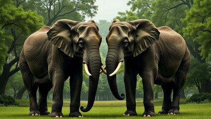 Fototapeta premium Majestic Elephants Beneath a Striking Mirror Installation in a Tranquil Green Park, Celebrating Their Natural Splendor