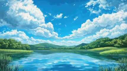 Oil painting depicting a serene landscape featuring a lake surrounded by clouds under a vibrant blue sky