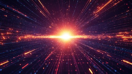 Fototapeta premium Line art depiction of a futuristic lens flare featuring a light explosion effect with glowing particles and lines creating a striking abstract rays backdrop