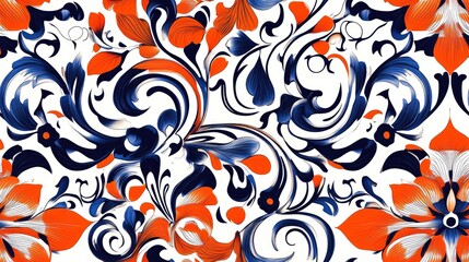 Background texture featuring a floral theme Abstract ethnic seamless pattern with tribal art and a vintage design in white orange and blue