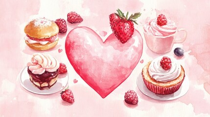 Charming heart shaped watercolor illustration of a pink sweet bakery and breakfast theme perfect for romantic occasions and wedding invitations