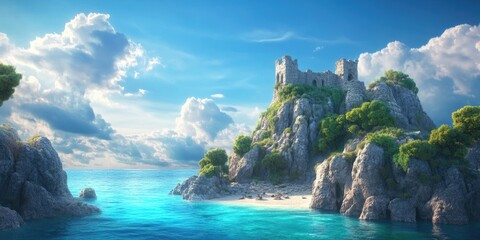 Beach by the Mediterranean Sea features cliffs with ancient ruins, offering a scenic view of the coast Ideal for relaxation and exploring nearby historical sites