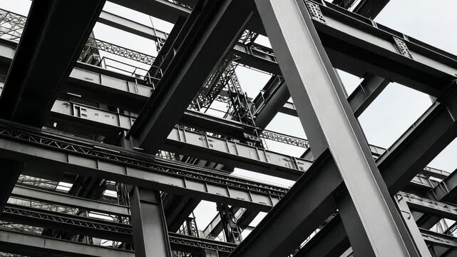 A low-angle view of a steel framework, showcasing the complex and intricate construction