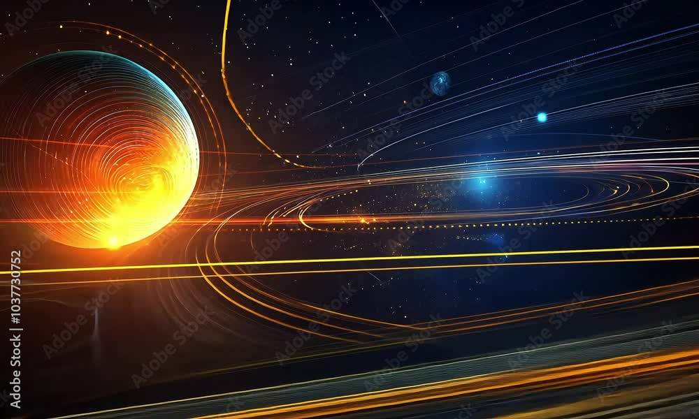 Wall mural futuristic orbital paths with glowing planets in space with ai generated.