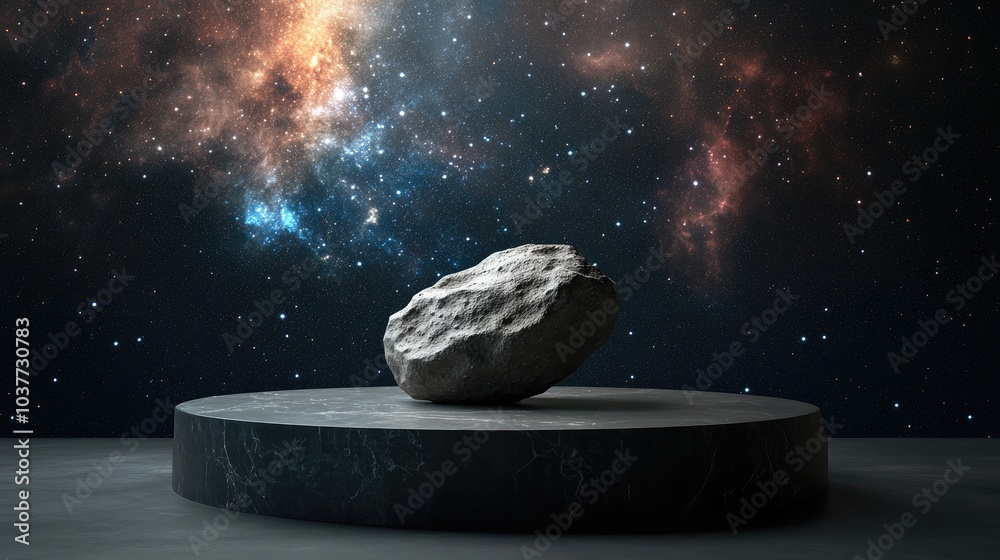 Wall mural abstract display podium featuring a floating rock stone asteroid in a cosmic galaxy environment for 