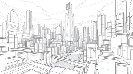 Line art illustration of a low polygon cityscape featuring geometric buildings a tall structure and pathways including rivers and roads