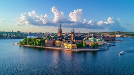 Naklejka premium Panoramic view of an island cityscape surrounded by water and blue sky