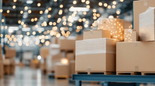 Cardboard boxes wrapped in plastic film placed on a pallet with decorative string lights in a blurry warehouse background with bokeh effect..