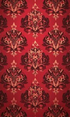 Red vintage wallpaper with damask design in retro