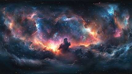 360 degree nebula panorama in 3D cartoon rendering featuring equirectangular projection and environment map HDRI spherical panorama showcasing space background with nebula and stars 3D illustratio