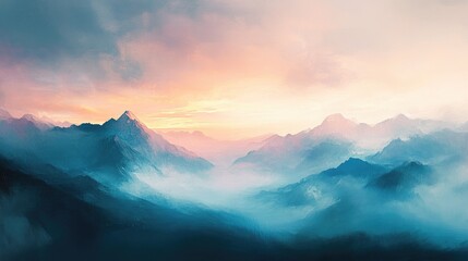 Oil painting depicting a mountain landscape at sunrise with a cloudy sky in soft pastel shades ideal for various design applications