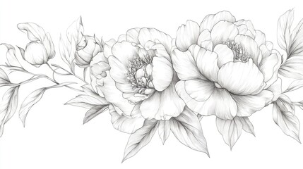 Peony Line Art Black and white floral arrangements Flower coloring sheet Floral line drawings Delicate peony illustration Handcrafted flowers Botanical designs Floral graphics for invitations