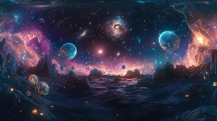 Obraz premium 360 degree nebula panorama in a 3D cartoon rendering featuring an equirectangular projection and environment map HDRI spherical panorama showcasing a space background filled with nebula and stars 