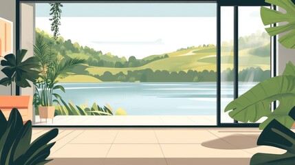 Cozy Floating Apartment Resembling A Tiny House By A Lake Interior Adorned With Green Plants Scenic View Of Lake Park And Hills Through Large Glass Door