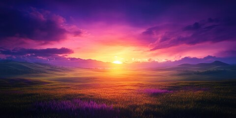Naklejka premium Stunning sunset with vibrant colors over a tranquil landscape, Beautiful sunset with bright colors above a serene landscape